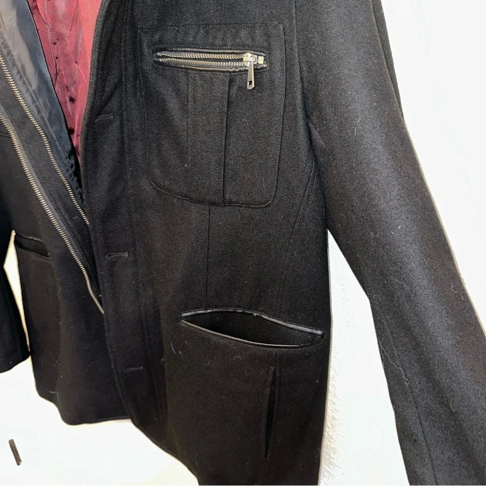 Cole Haan Men’s Medium Black Wool Blend Melton Button & Zip Up Winter Pea Coat